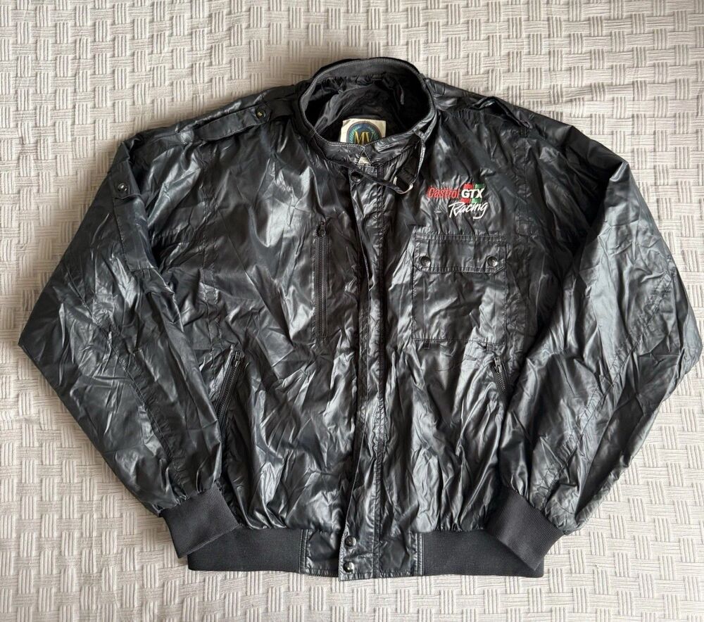 Vintage 80s 90s MV Sport Castrol GTX Racing Nylon Bomber Jacket Size XL Black